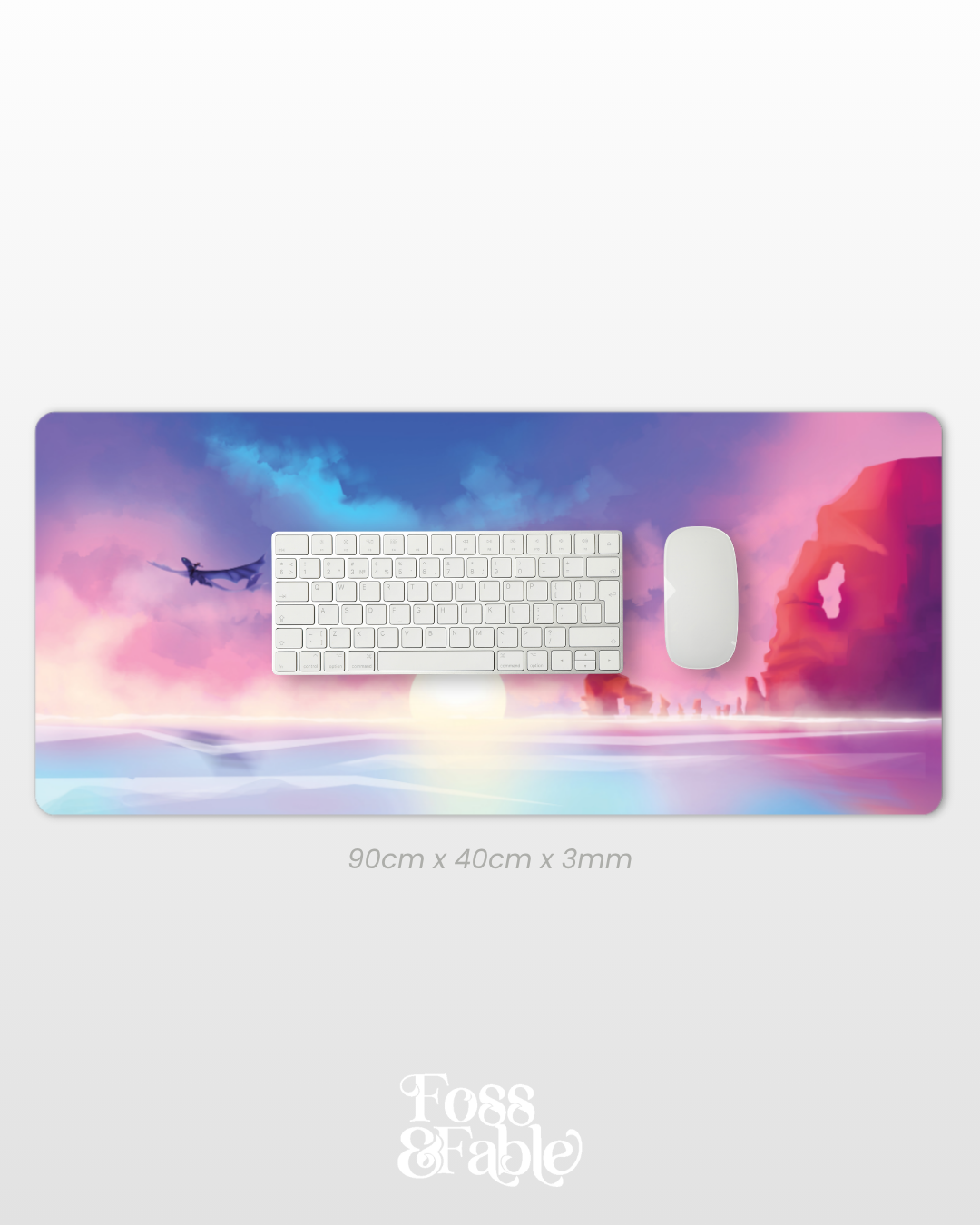 Desk mat with a scenic design of Hiccup and Toothless, keyboard, and mouse on a white background