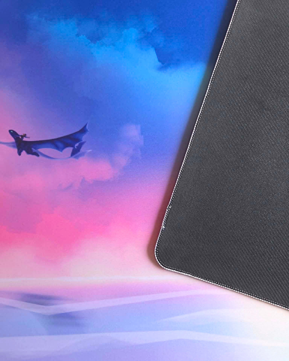 Colorful gradient background with a black silhouette of a dragon and a textured black surface.