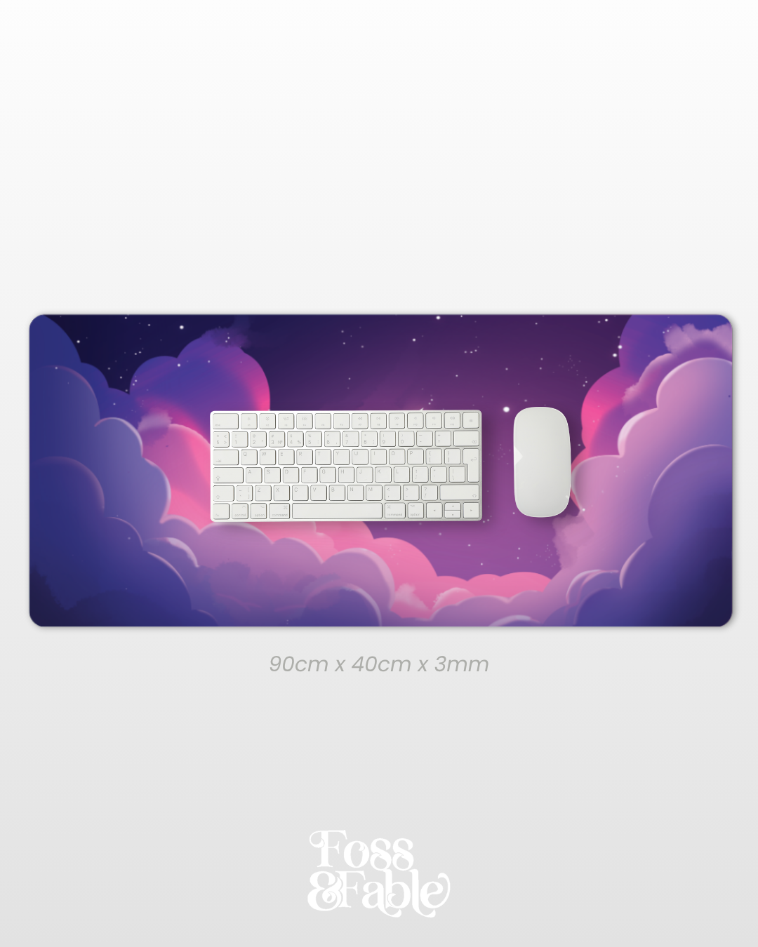 Large mouse pad with cloud and star design, featuring a keyboard and mouse on top.